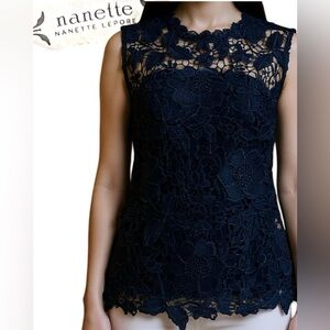 Nanette Lepore Lace Tank Top Navy Sleeveless Floral Blouse Women’s Large Tied